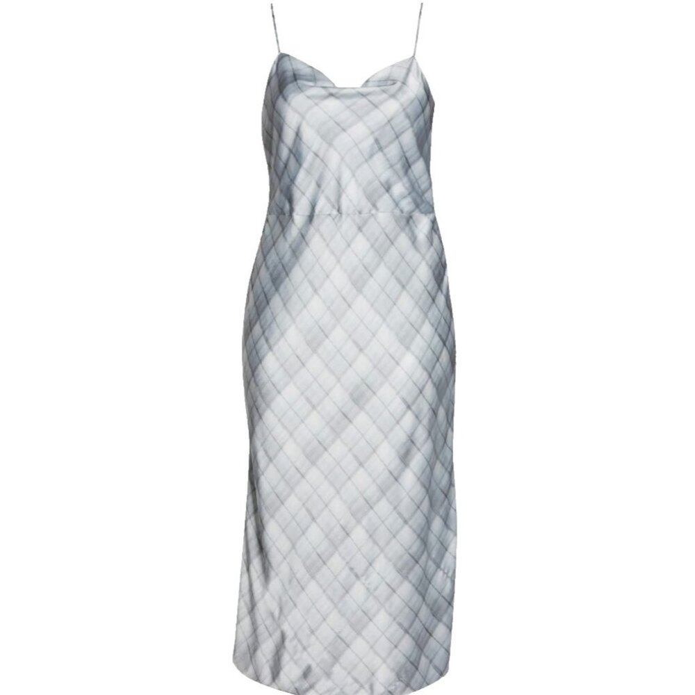 NWT Vince Hazy Plaid Satin Cowlneck Midi in Powder Blue Slip Dress 18